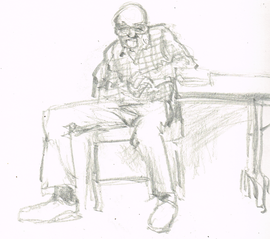 My pencil drawing of a kooky but friendly deacon at church. Drawn by artist Bryan Skinnell.