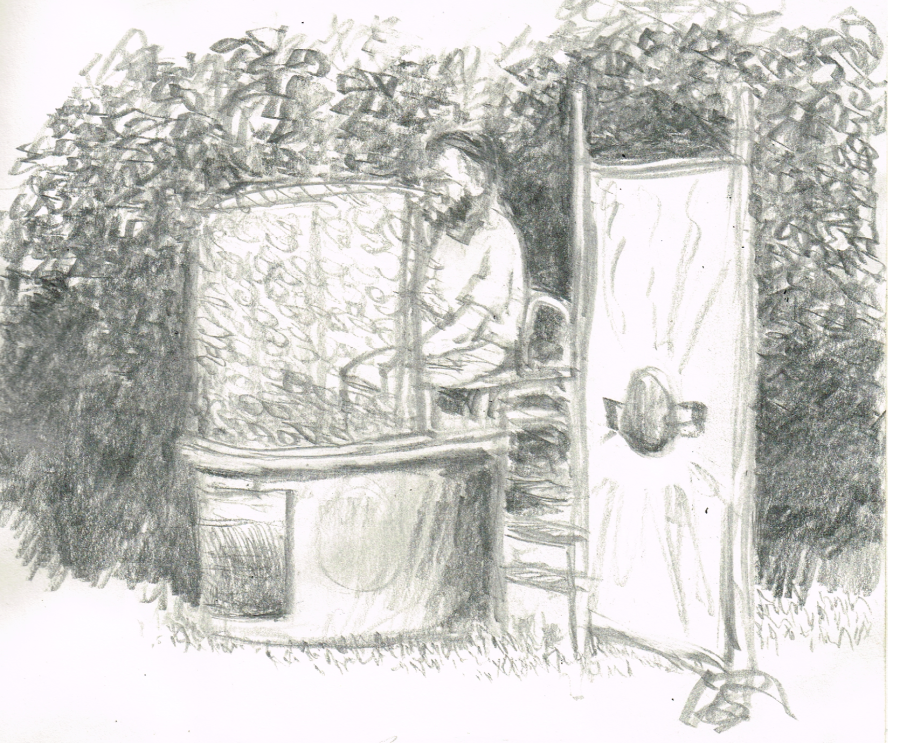 A quick pencil sketch of my pastor who is about to get dunked in the dunking booth at bible school. Drawn by artist Bryan Skinnell.