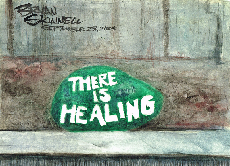 Watercolor painting of a green handpainted rock that I found setting in the back of a local restaurant.