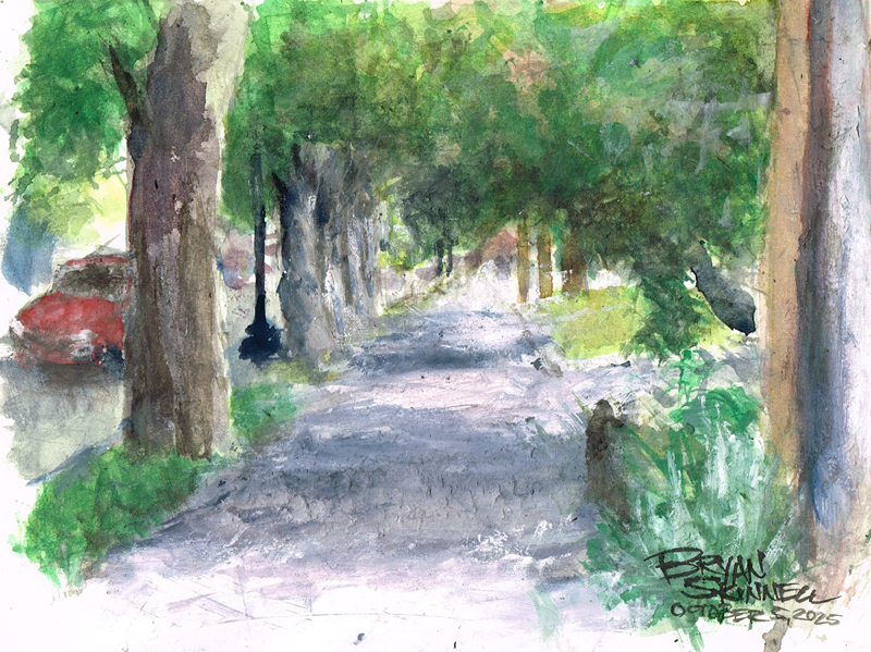 Watercolor painting of an early fall day in Bedford, VA on Main Street. Painted by artist Bryan Skinnell.